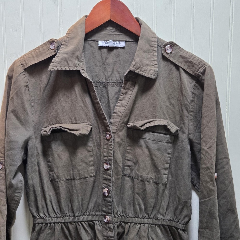 Speed Limit MPH Shirt Dress Womens Large Green Solid 3/4 Sleeve Collared Pockets